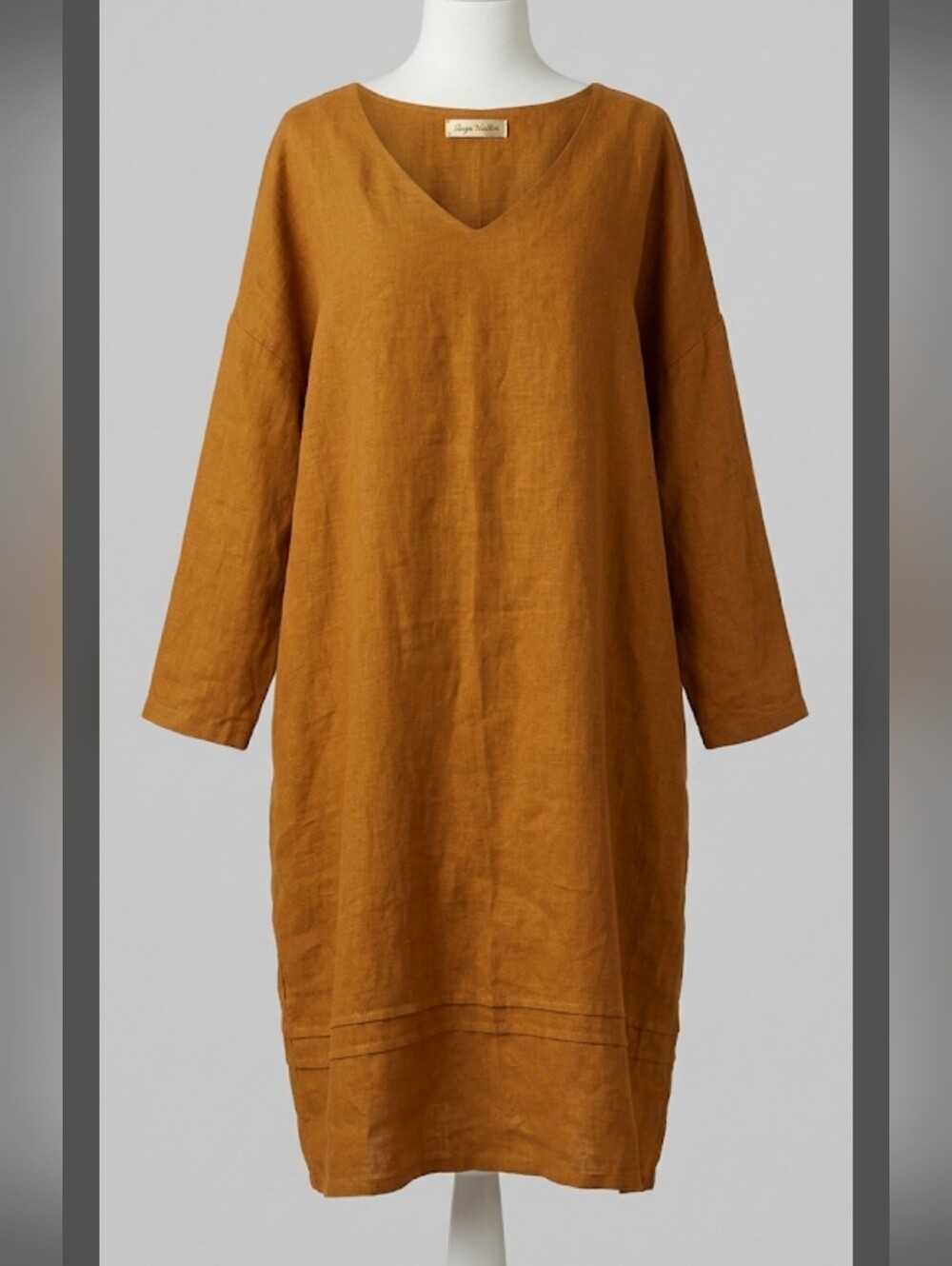 Bryn Walker Large Linen V-Neck Tunic Dress Gold Mustard Yellow Lagenlook